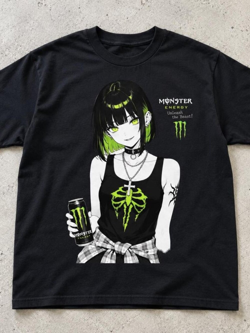 Gildan Black Anime Goth Girl Monster Energy Graphic T-Shirt